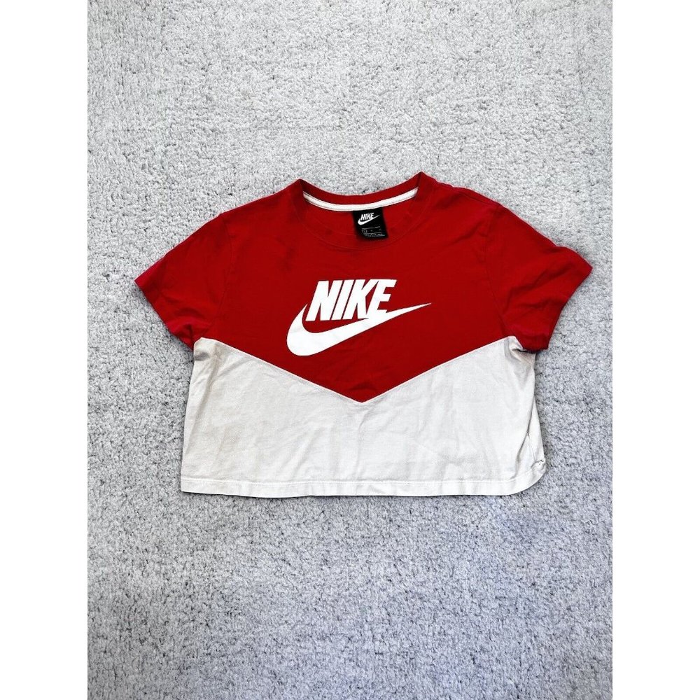 Nike Sportswear Heritage Womens L Crop Top Shirt White Amber Glow Coral AR2513*
